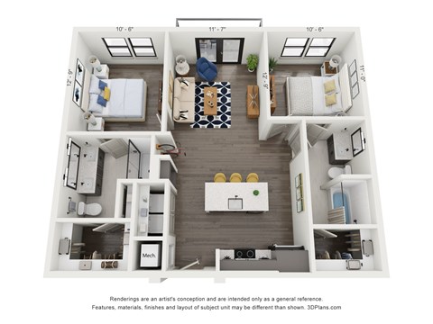 Floor plan for 2 beds, 2 baths, 969 sqft